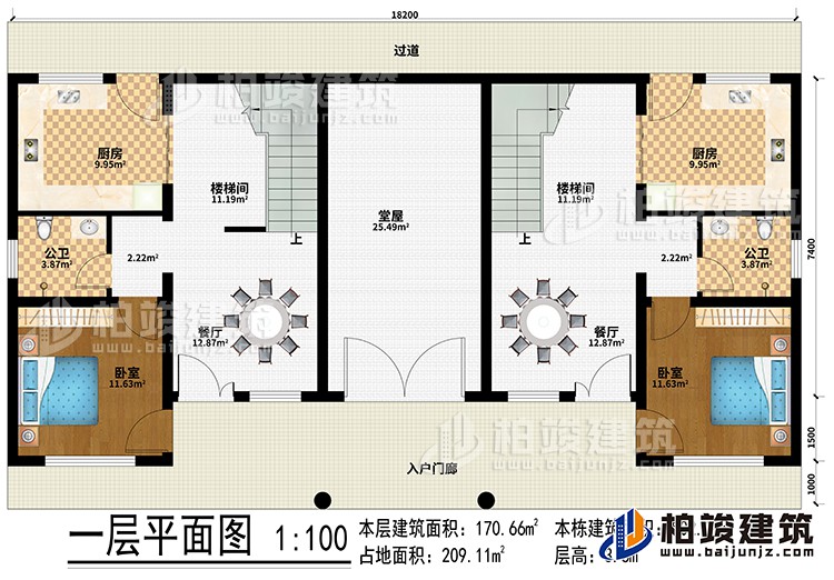 一层：入户门廊、过道、堂屋、2厨房、2楼梯间、2餐厅、2卧室、2公卫